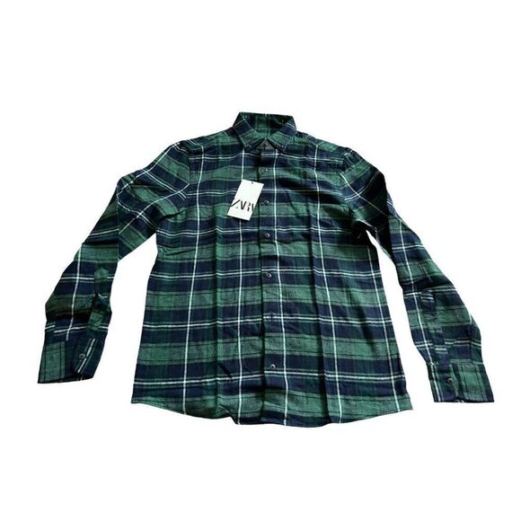 Zara Men Shirt S Green Cotton Plaid Flannel Long Sleeve Button Down 5679/400 NWT - Picture 2 of 13